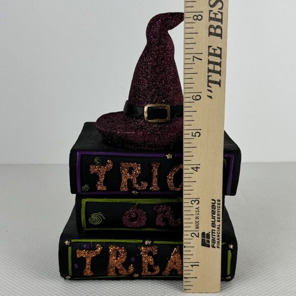 Halloween Decor Witch Hat On Stacked Books "Trick Or Treat" Glitter Faux Books - Picture 6 of 8